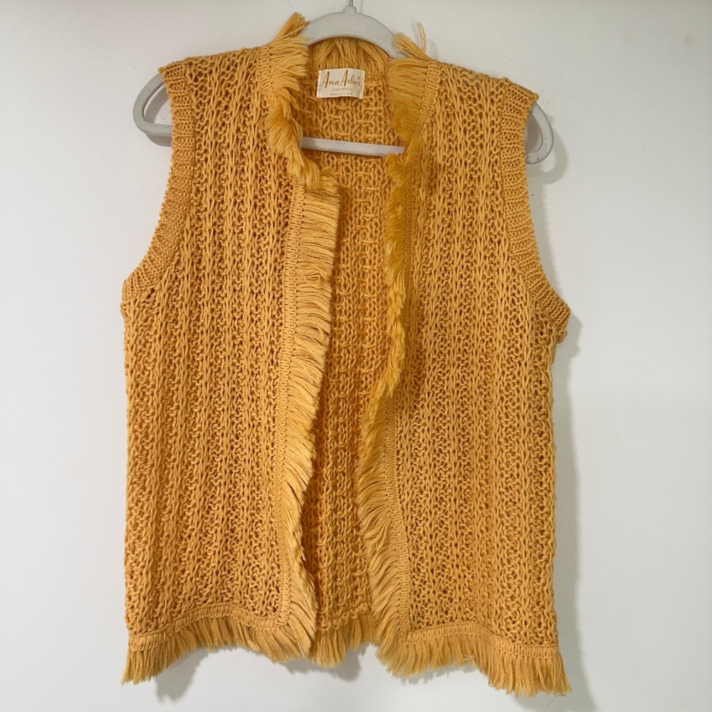 Ann Arbor Vintage Wool Fringe Vest Open Knit Boho Festival Mustard USA